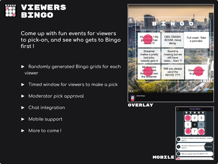 Featured view of the extension visuals, along a description of its purpose. Tagline says: Come up with fun events for viewers to pick-on, and see who gets to Bingo first !