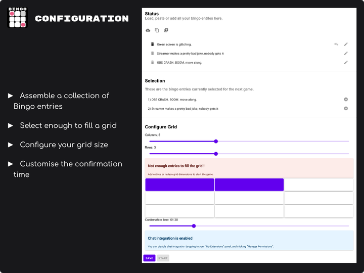 Configuration view of the extension. Shows that Bingo entry are entered as text, grid size can be configured, as well as the grace period for entry confirmation.