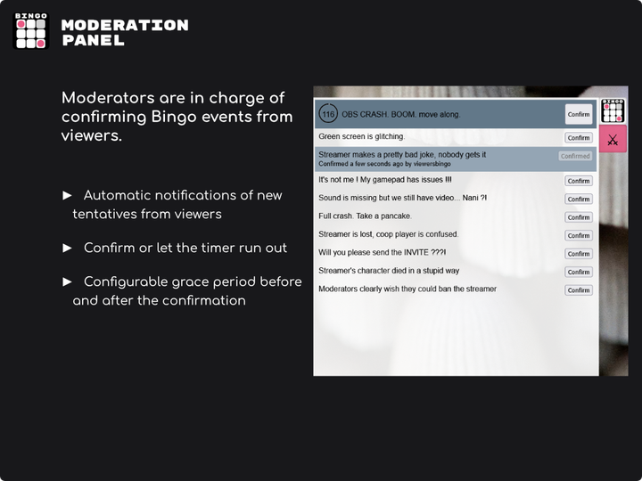 Moderation view of the extension. It shows that it is displayed in the Overlay View, on top of the grid. It has options for moderators to confirm a tentative entry, and shows when an entry was already confirmed by another moderator.
